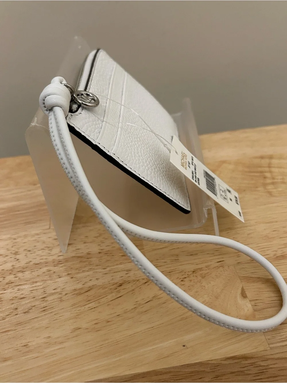 Michael Kors White Pebbled Leather Zip Card Case with MK Charm